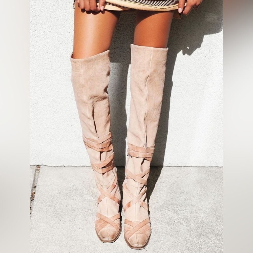 Blush Pink leather over the knee Free people boots size 8